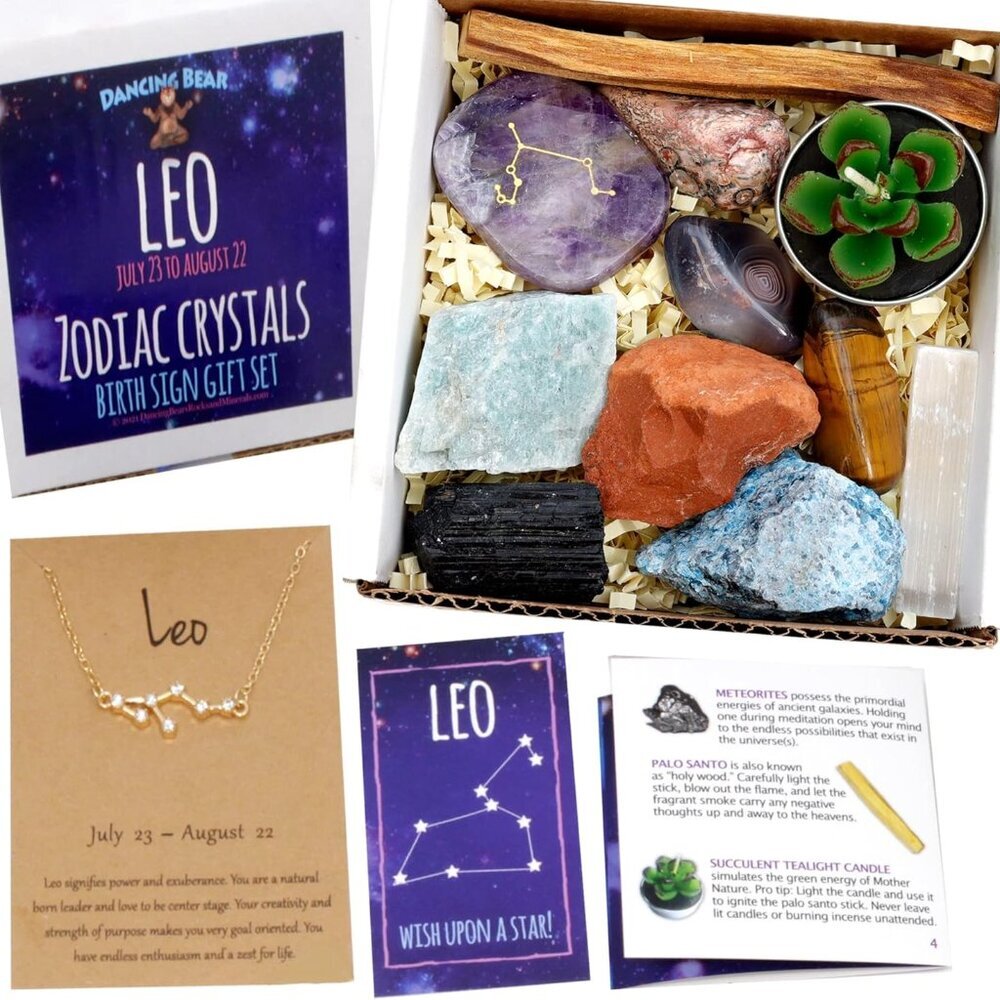 Leo Zodiac Healing Crystals Gift Set 14 Pc: 9 Stones, 18K Gold-Plated Constellat